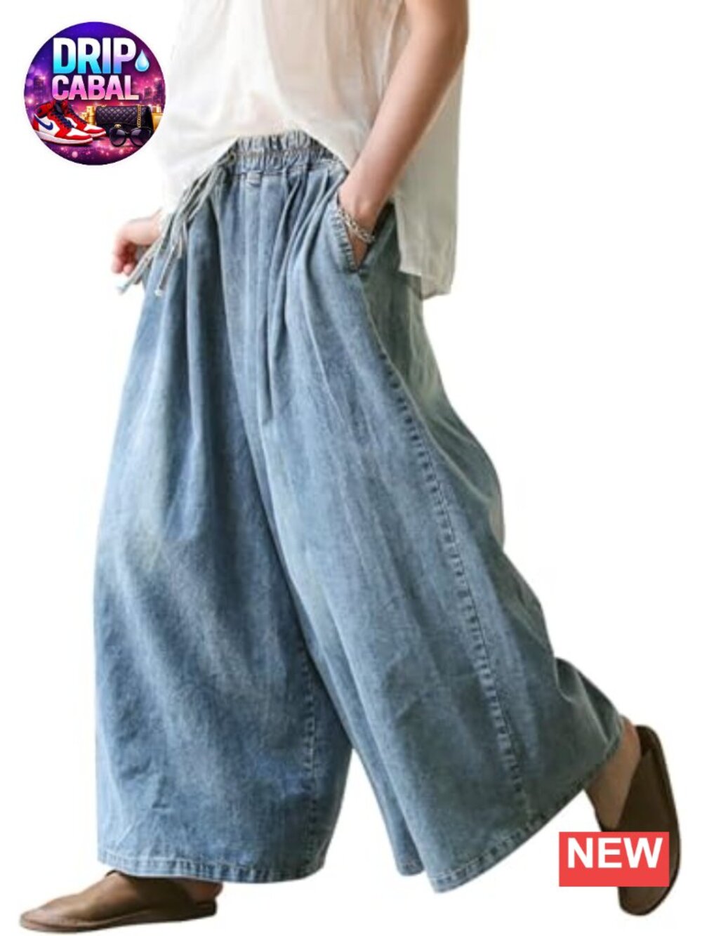 Wide Leg Baggy Jeans Plus Size Loose Elastic Waist Denim Pants Deep Pockets